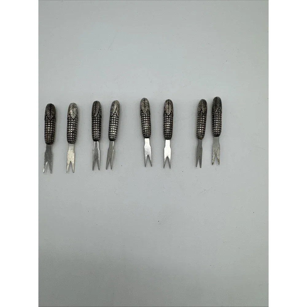 8 Vtg Silver Metal Corn On The Cob Holders Picks Heavy Pewter or Silverplate